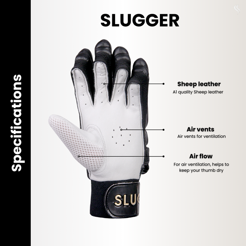 Sleek black batting gloves by Sluggers, engineered with air vents, enhanced airflow, and soft leather support for peak performance; now available online.