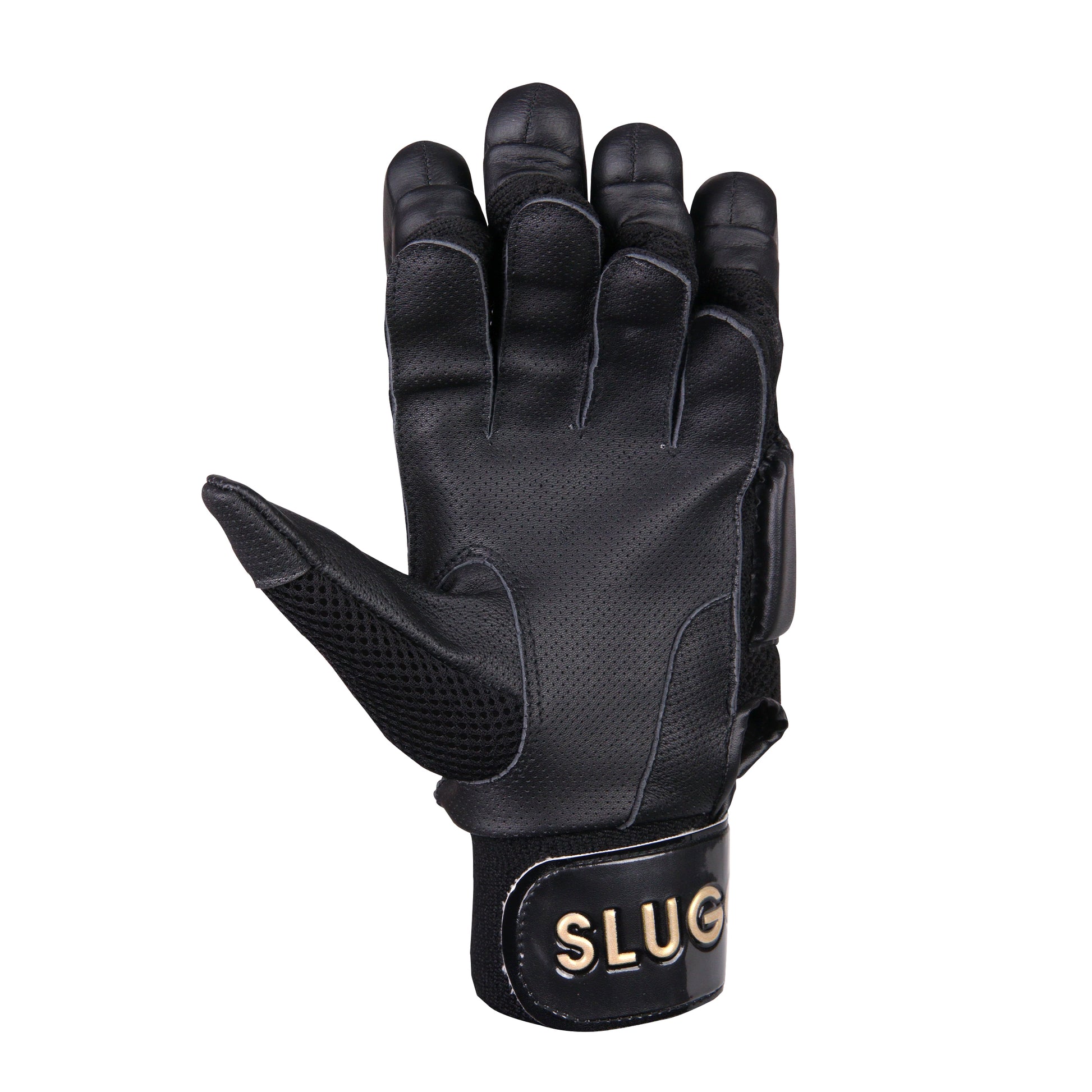 The Black Slugger Batting Glove, with the palm facing forward, highlights its expert craftsmanship and top-tier quality, designed for maximum comfort and protection.