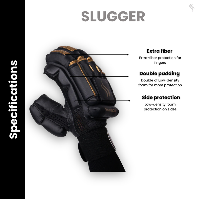 Black Sluggers batting gloves with extra fiber, double padding, and side protection, crafted for exceptional performance, now available online.