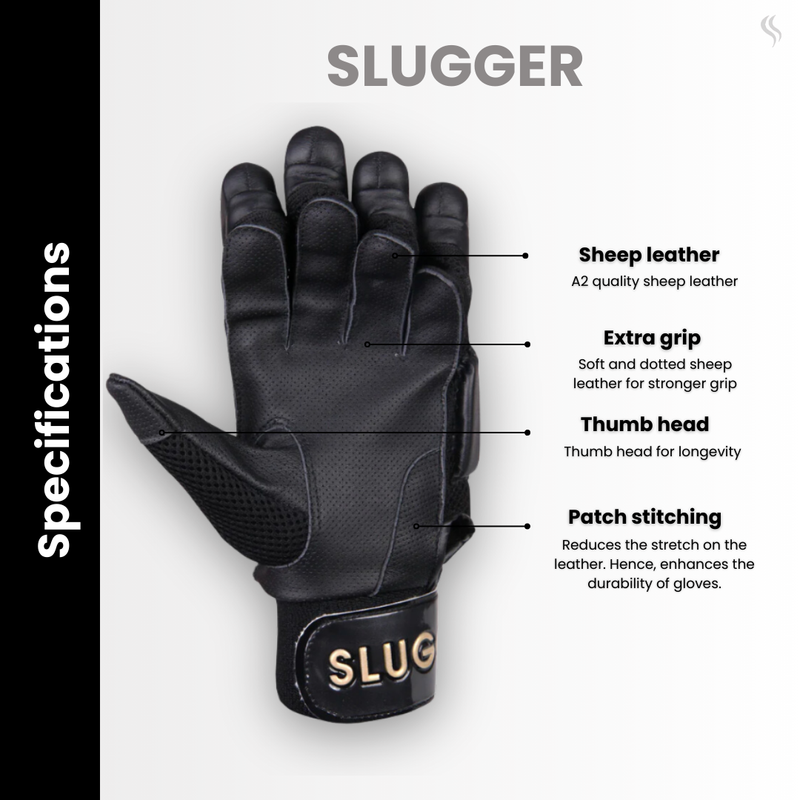 Black Sluggers batting gloves made with sheep leather, offering superior grip, thumb protection, and patch stitching, built for peak performance, now available online.