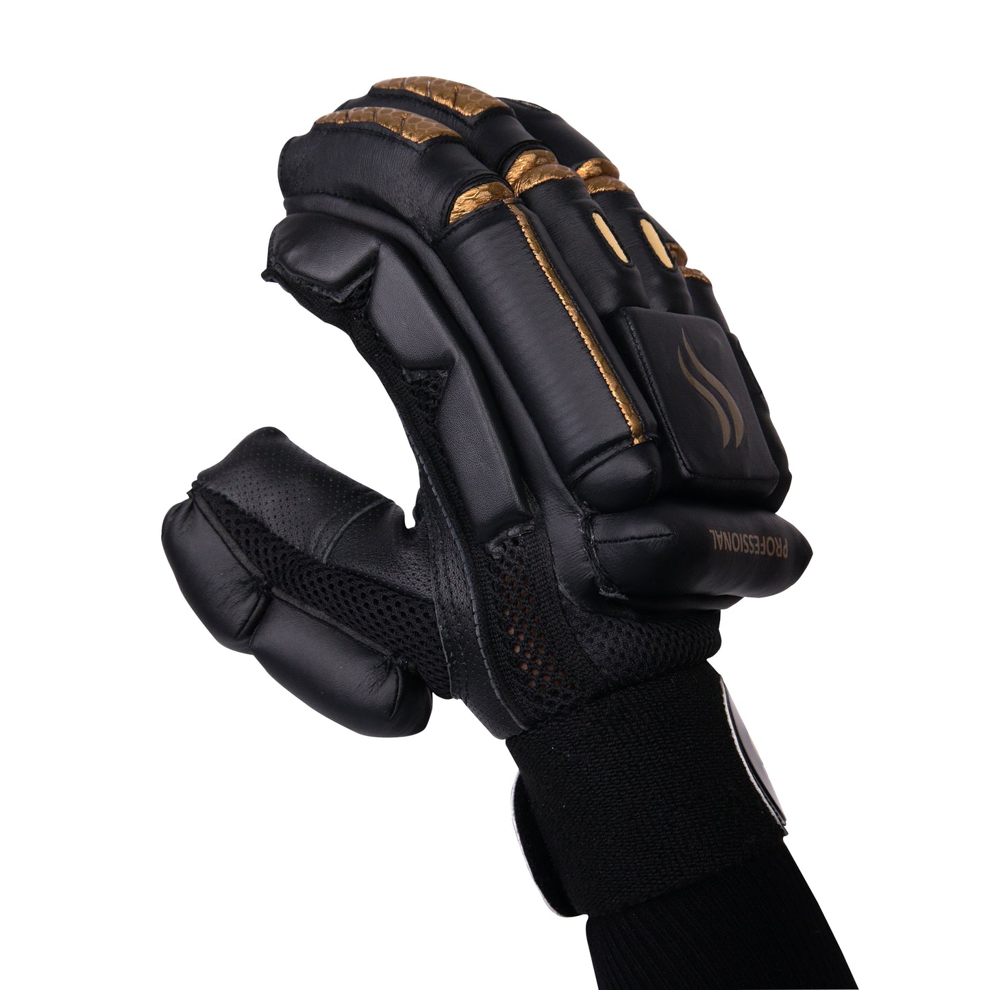 A single black cricket batting glove, displayed with the palm facing forward, showcasing its intricate texture and elegant design against a soft neutral backdrop.