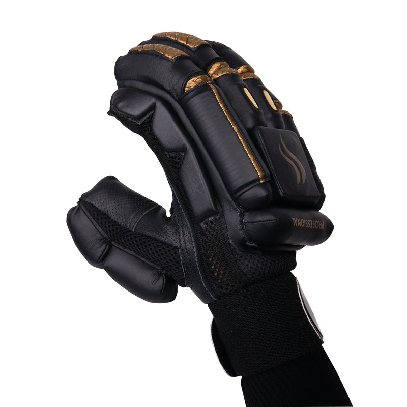 A single black cricket batting glove, displayed with the palm facing forward, showcasing its intricate texture and elegant design against a soft neutral backdrop.