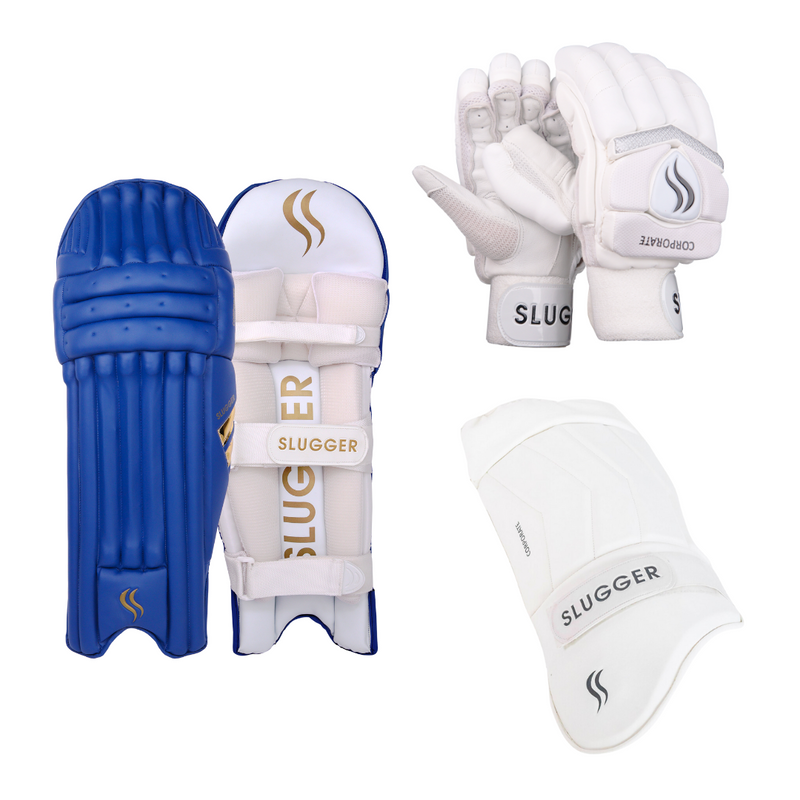 SLUGGER Corporate combo of Blue Batting Leg guards/Pads, White Gloves, and White Thigh guard/pad