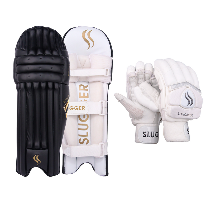 SLUGGER Corporate combo of Black Batting Leg guards/Pads and White Gloves (2 products)