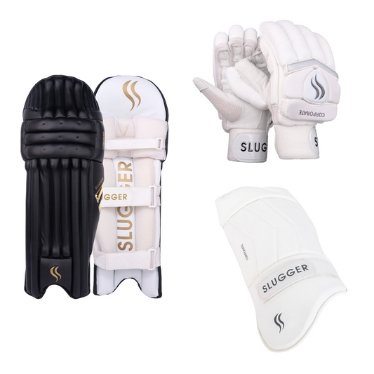 SLUGGER Corporate combo of Black Batting Leg guards/Pads, White Gloves, and White Thigh guard/pad