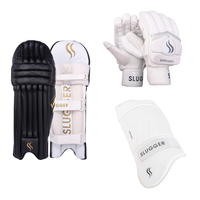 SLUGGER Corporate combo of Black Batting Leg guards/Pads, White Gloves, and White Thigh guard/pad