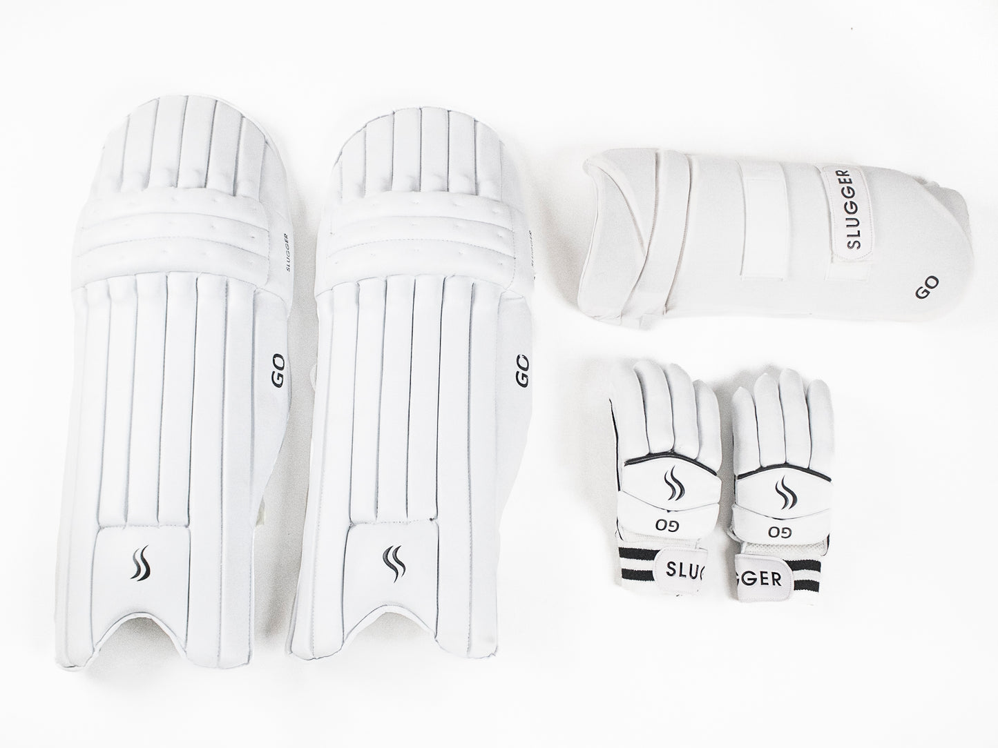 SLUGGER GO series combo of Cricket Batting Leg guards/Pads, Batting Gloves and Thigh Guard