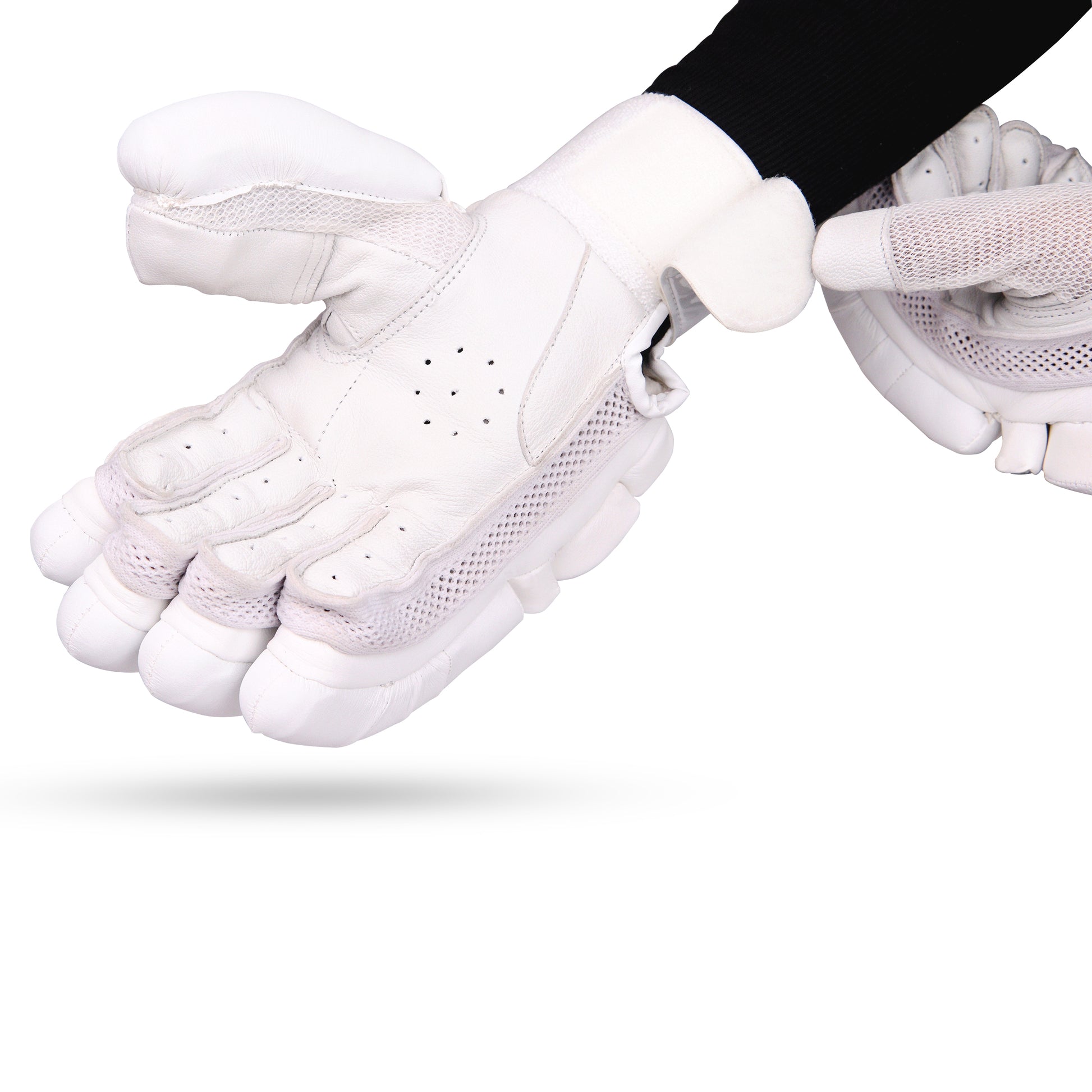 A single white cricket batting glove displayed prominently, showcasing its texture and design against a neutral background.
