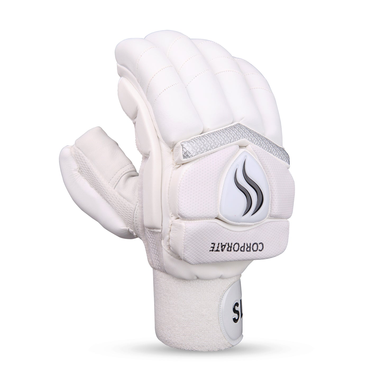 A close-up of one slugger white batting glove, highlighting its fabric and elegant design , set against a plain backdrop.

