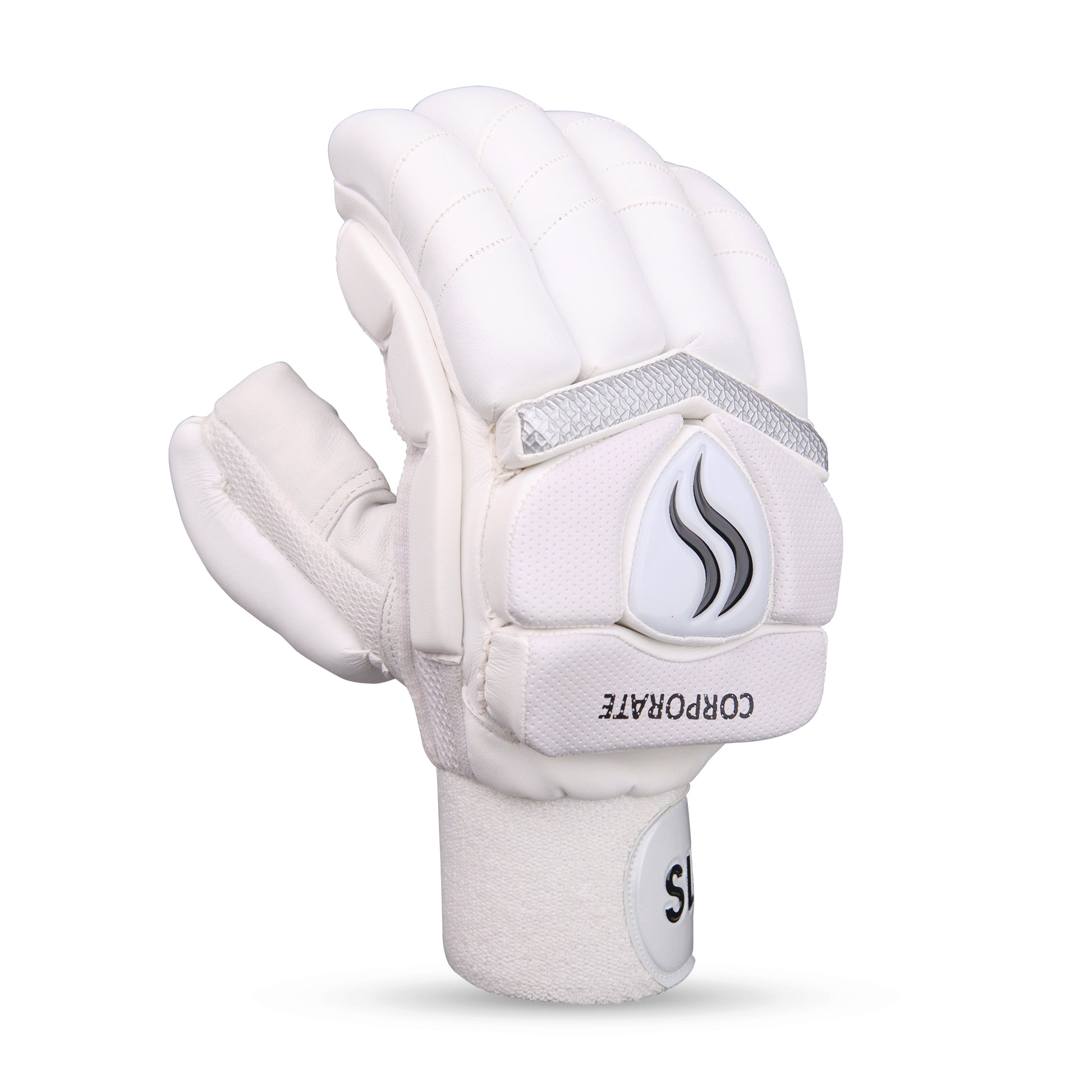 A close-up of one slugger white batting glove, highlighting its fabric and elegant design , set against a plain backdrop.

