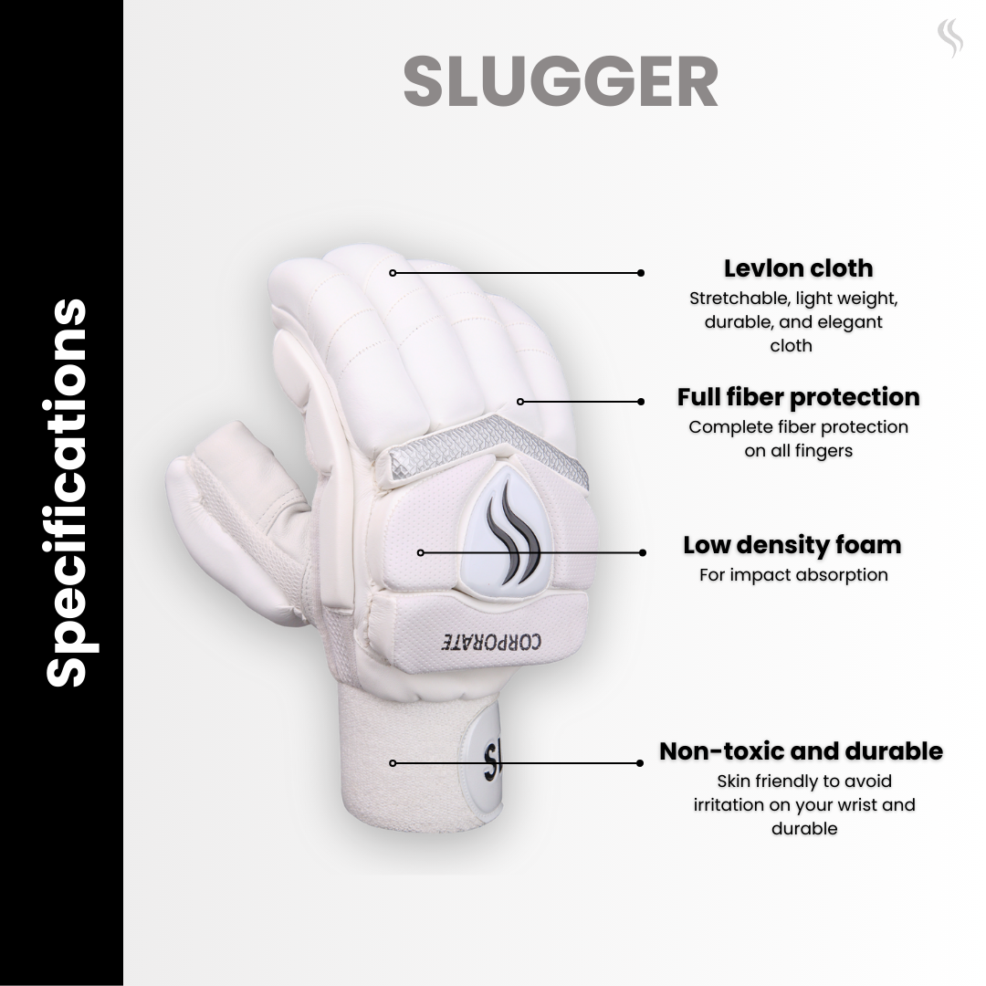 White cricket batting gloves made by Levlon cloth, Full fiber protection, Low density foam, Non-toxic and Durable perfect for players seeking the best cricket gloves online.
