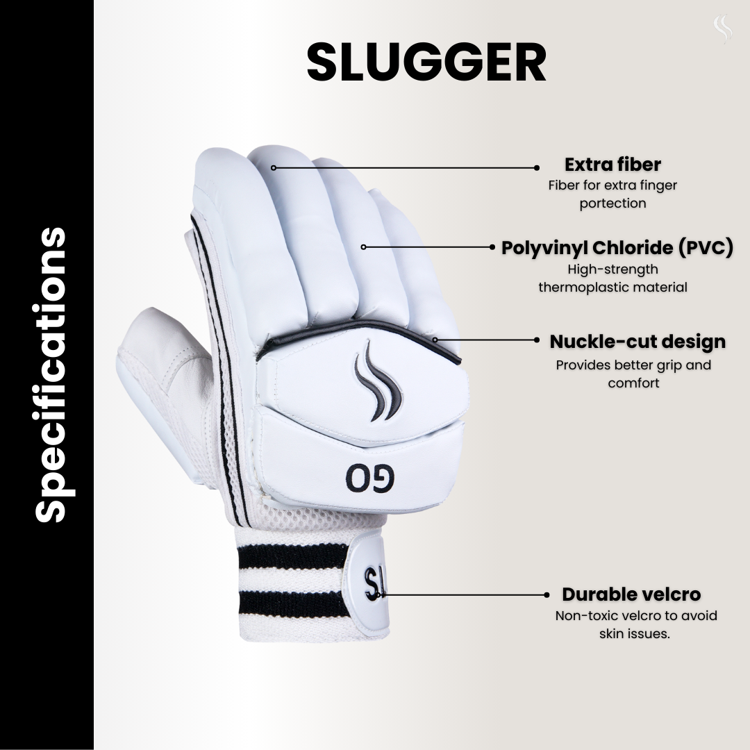 White cricket batting gloves made of Polyvinyl chloride(PVC), Extra fiber protection, Nuckle-cut design and Durable velcro perfect for players looking for the best cricket gloves online.