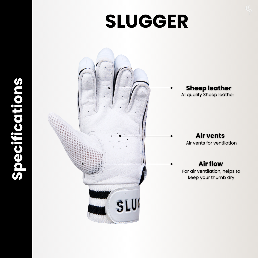 Sleek white batting gloves from sluggers, designed to provide excellent Air vents, Air flow and Ship leather support during your game; available online.