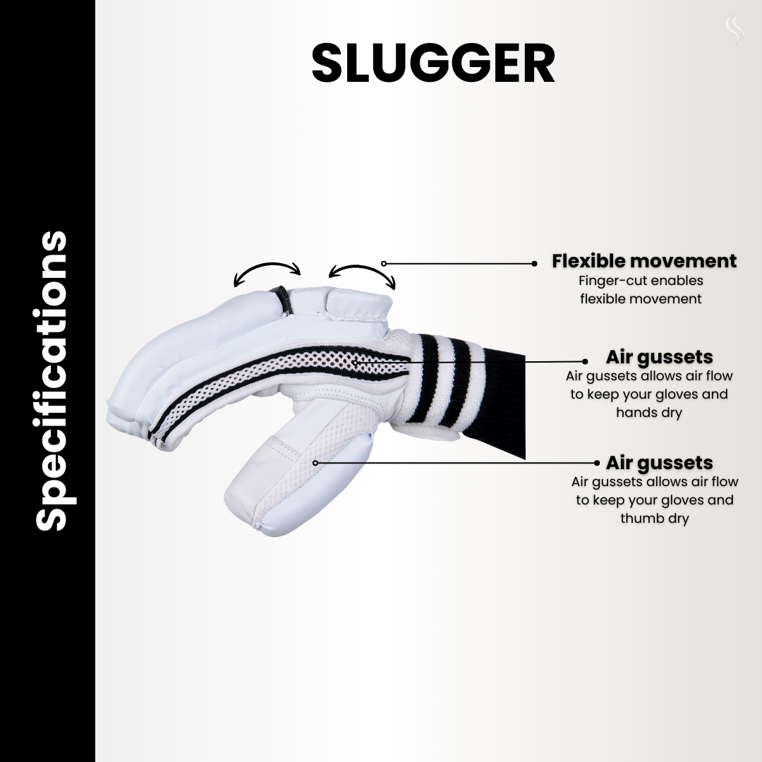 White slugger batting gloves, crafted for Flexible movement and Air gussets, ideal for enhancing performance on the field.