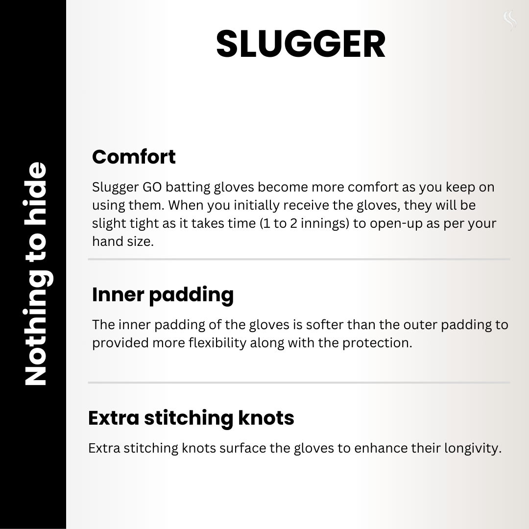 Features of Slugger White Cricket Batting Gloves mentioned provides comfort, inner padding and extra stitching knots.