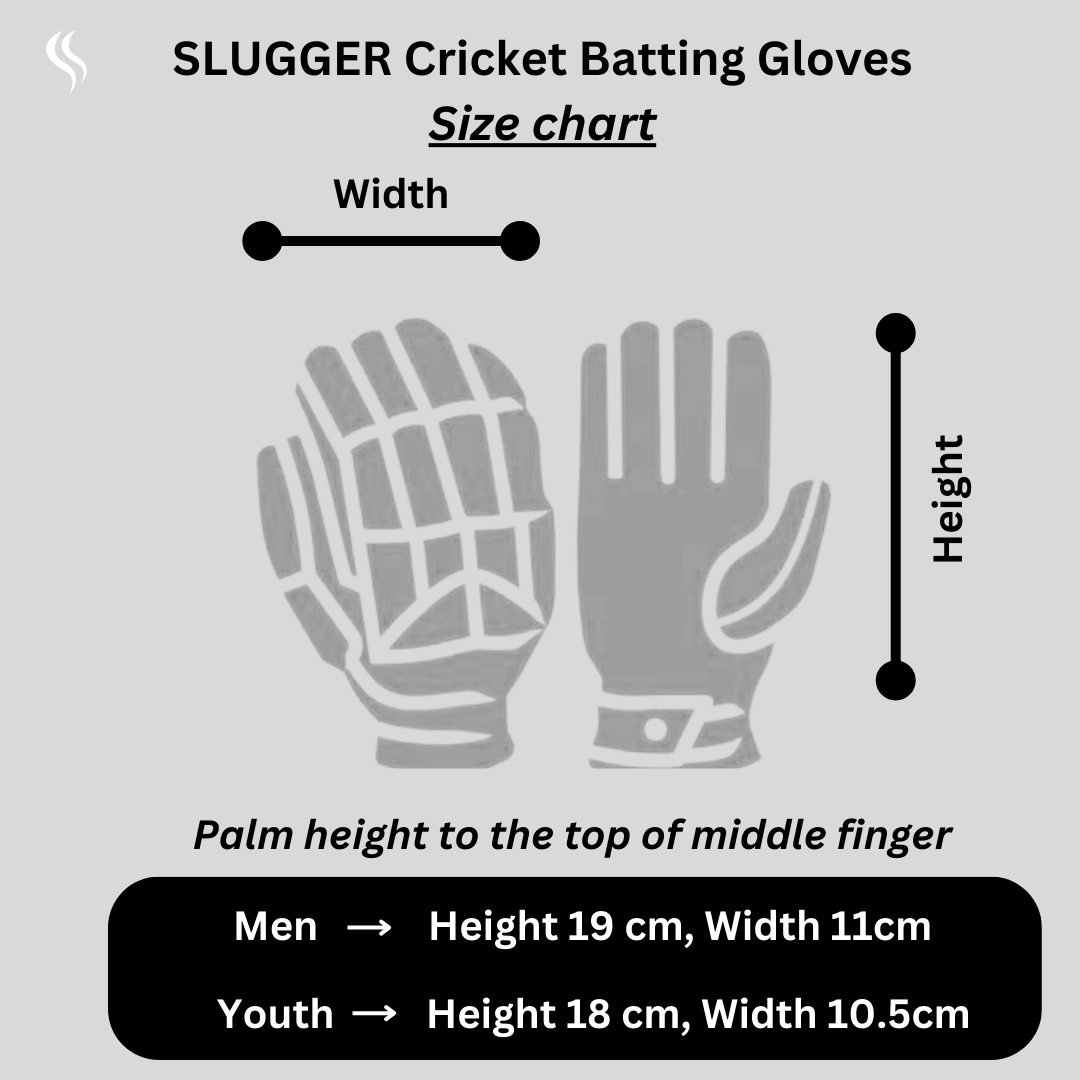 The Slugger Cricket Batting Gloves size chart provides precise width and height measurements, ensuring an easy and accurate fit for both men and youth.