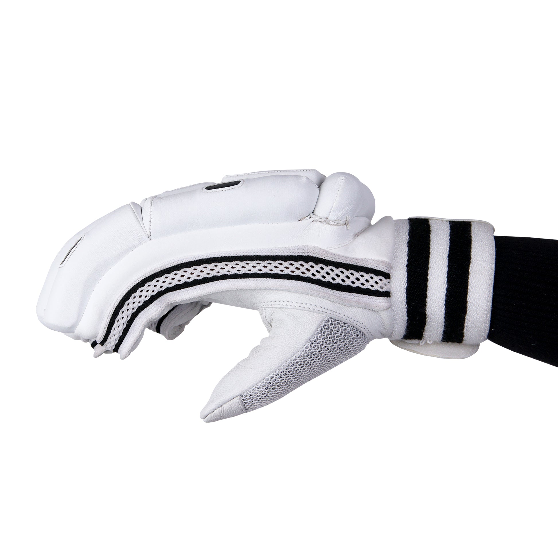 Showcased sideways, the Slugger Go cricket batting glove offers a sleek, polished look, embodying style and precision in its design.
