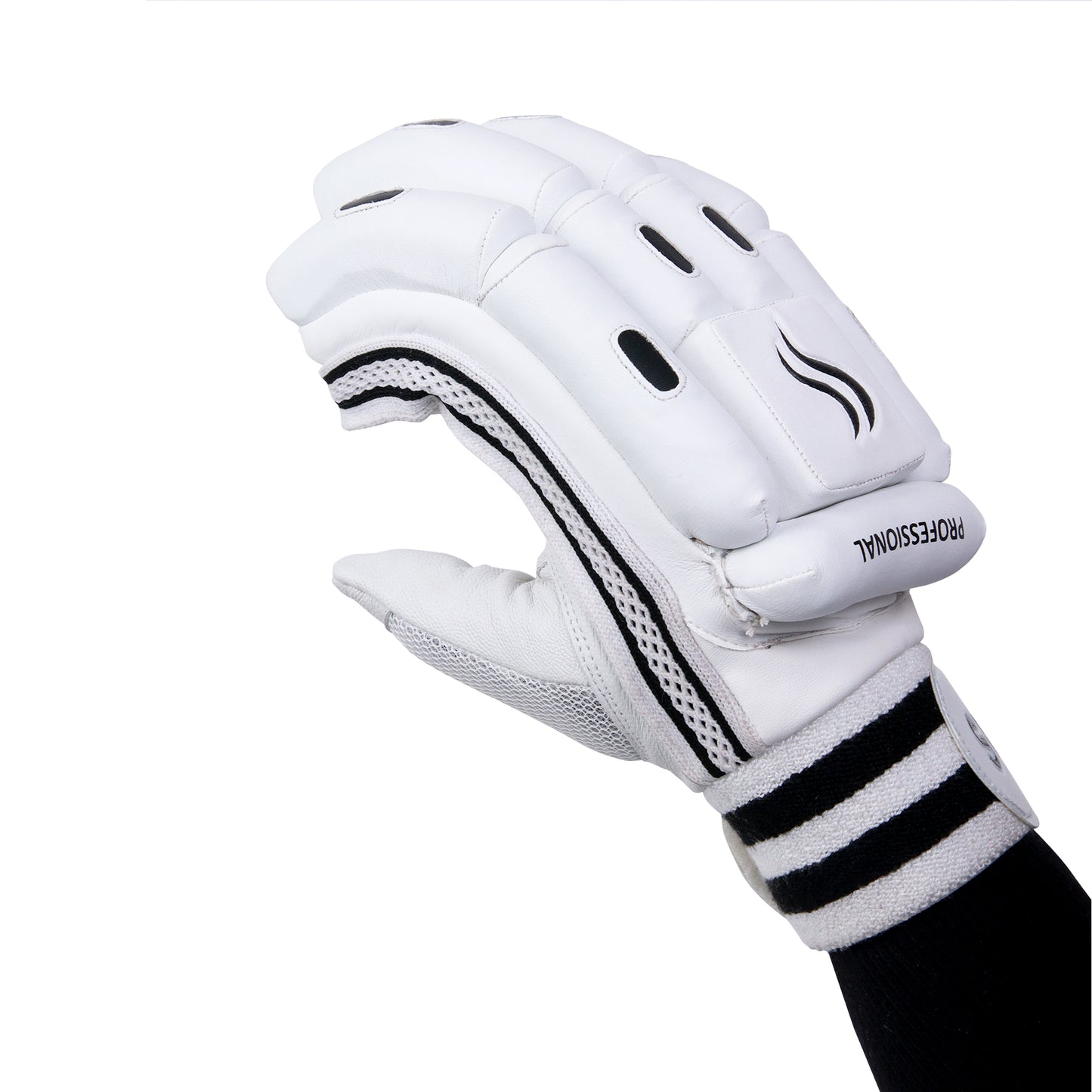 The Slugger Go cricket batting glove, displayed sideways, radiates a clean, flawless design with a touch of elegance.