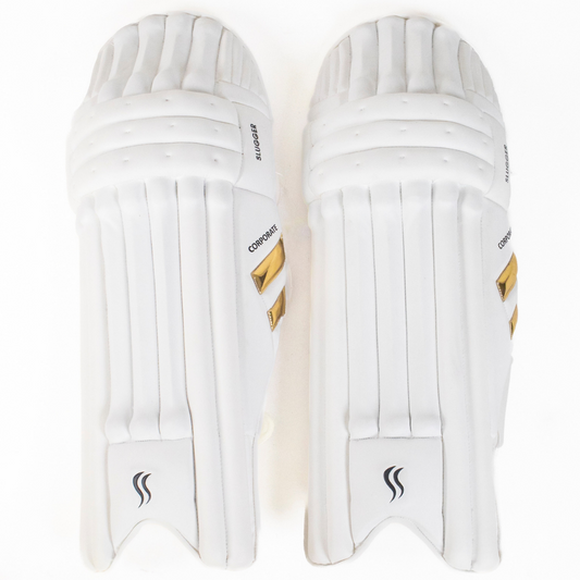 White cricket batting pads by SLUGGER, perfect for those looking to buy cricket pads online.


